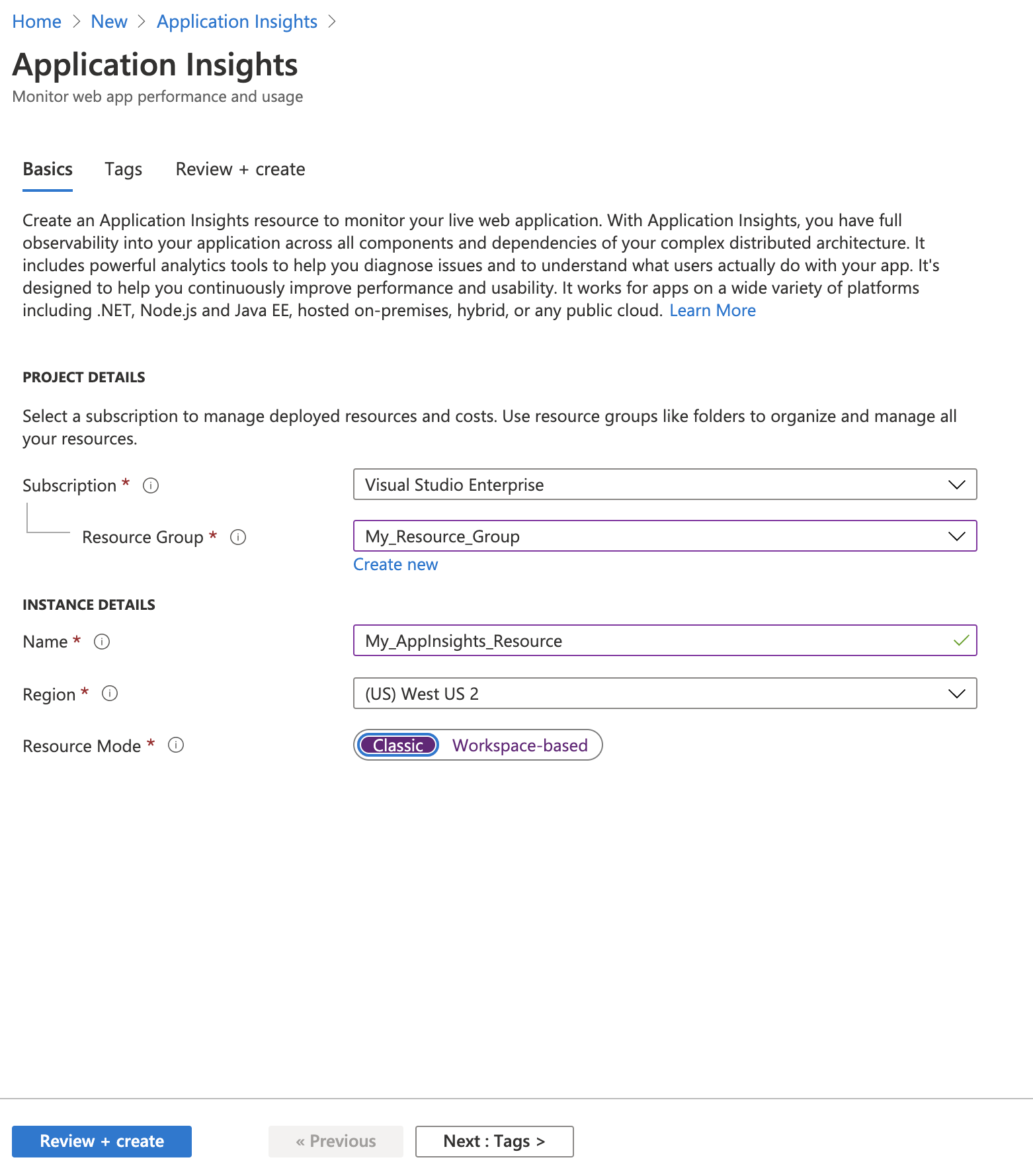 Screenshot that shows entering values in required fields and the Review + create button.