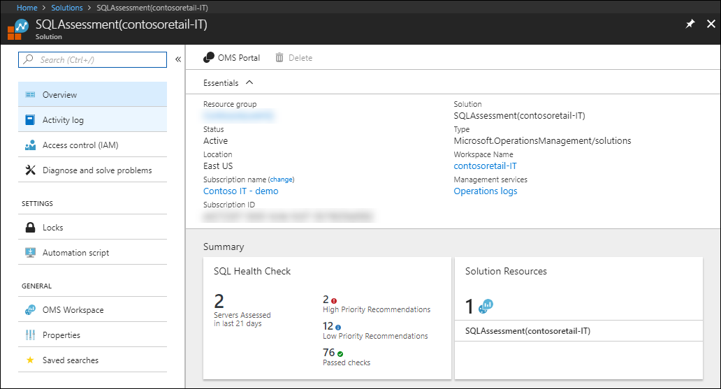 Screenshot that shows summary information for a solution.