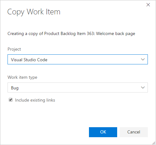 Copy work item dialog