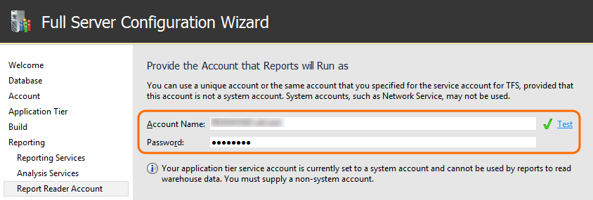 Screenshot of  Report reader account page in the full configuration wizard.