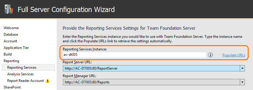 Screenshot of Advanced, Reporting services page in the full configuration wizard.