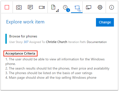 Screenshot showing view of acceptance criteria.