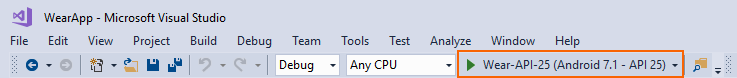 Choosing a Wear AVD in Visual Studio device menu