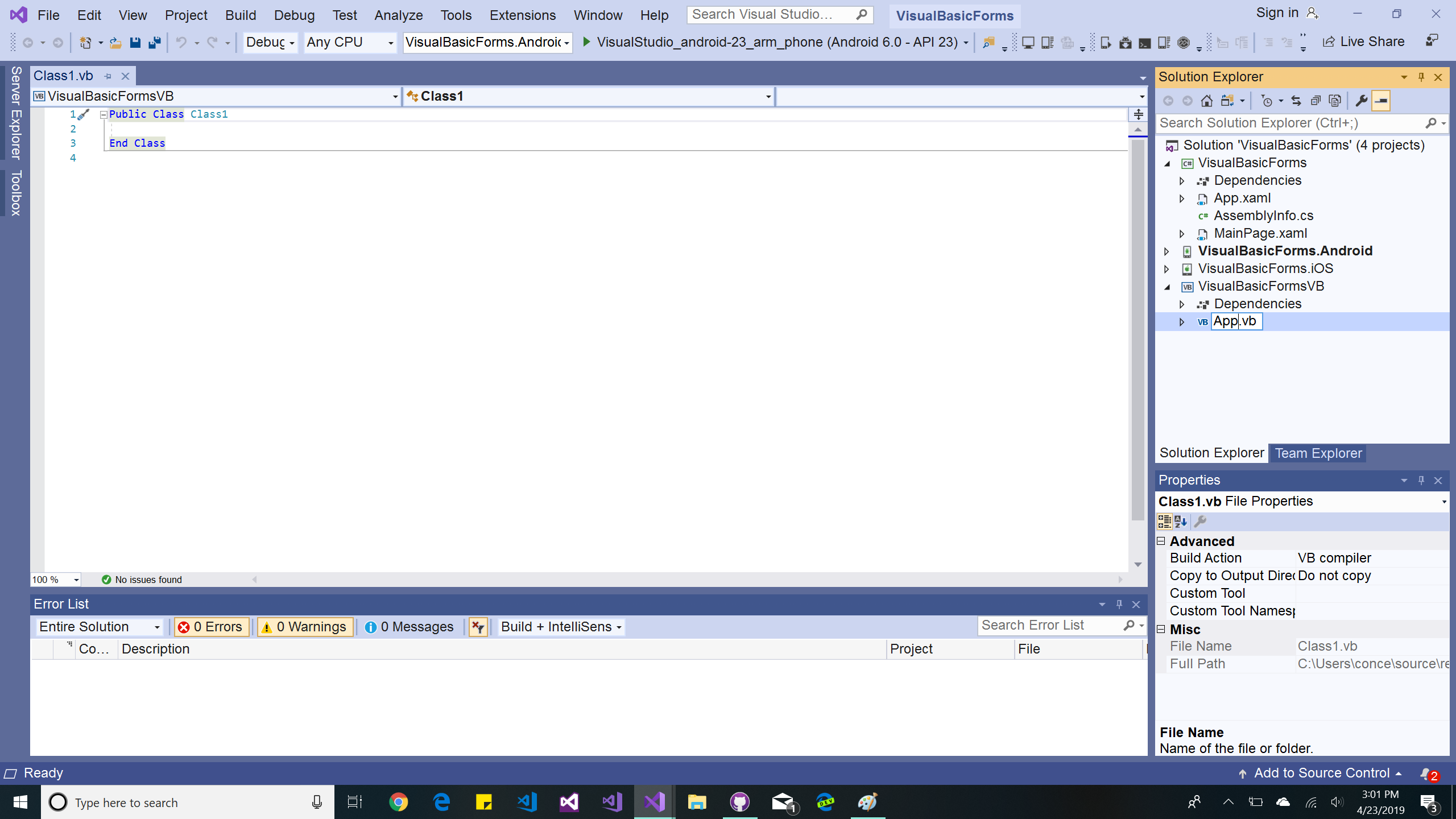 Rename the default Class1 file and class to App