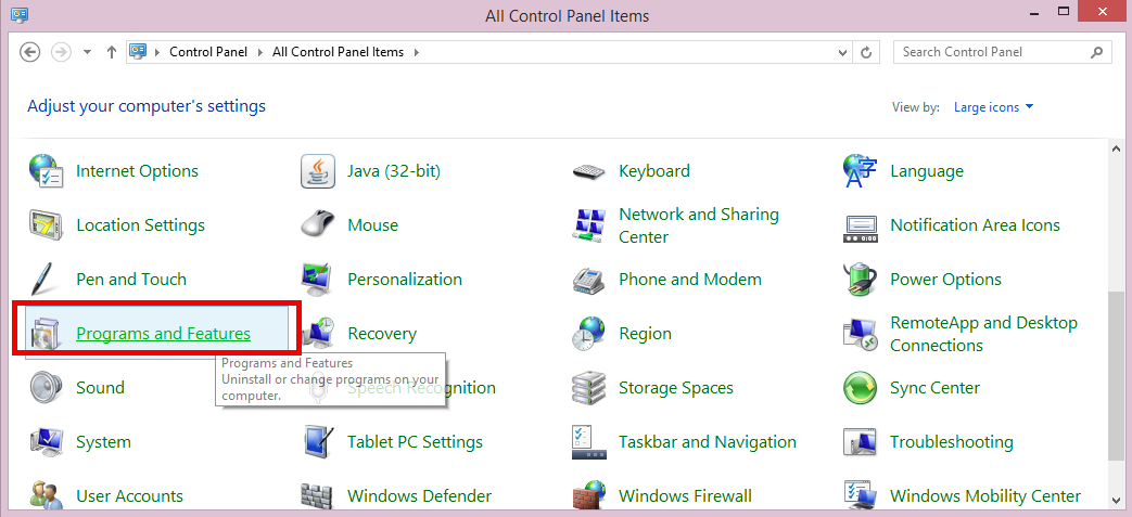 Navigate to Programs and Features or Programs Uninstall a Program as illustrated here