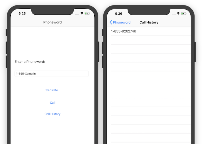 The final application will have a second screen that displays the call history, as illustrated by this screenshot