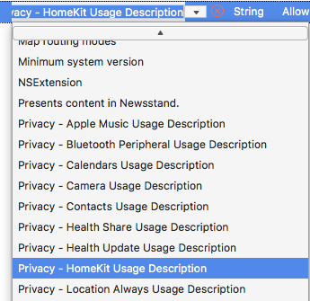 Select Privacy - HomeKit Usage Description