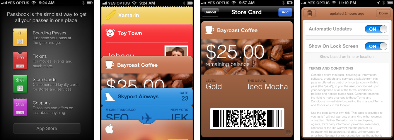 This screenshot shows the empty Wallet, and how the pass list and individual passes look