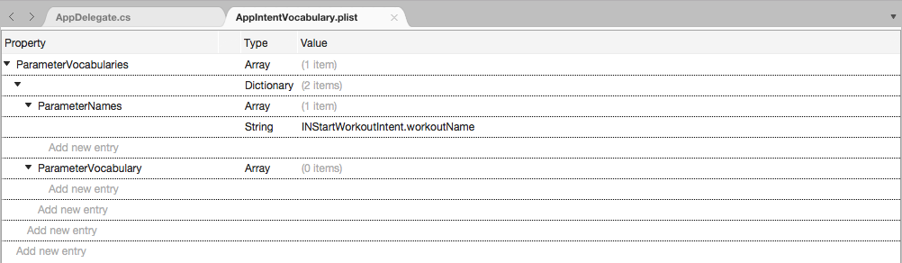 Add the ParameterVocabulary key to the ParameterVocabularies key with the Type of Array