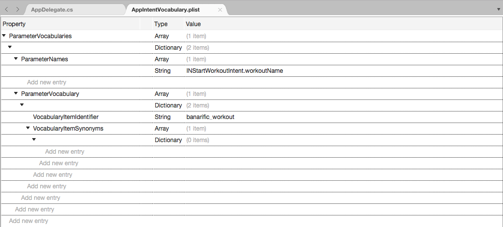 Add another new key with the Type of Dictionary in Visual Studio for Mac.