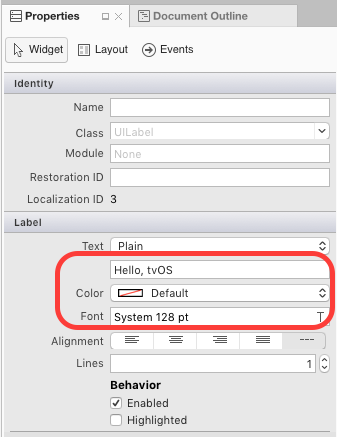 Set the title to Hello, tvOS and set the Font Size to 128