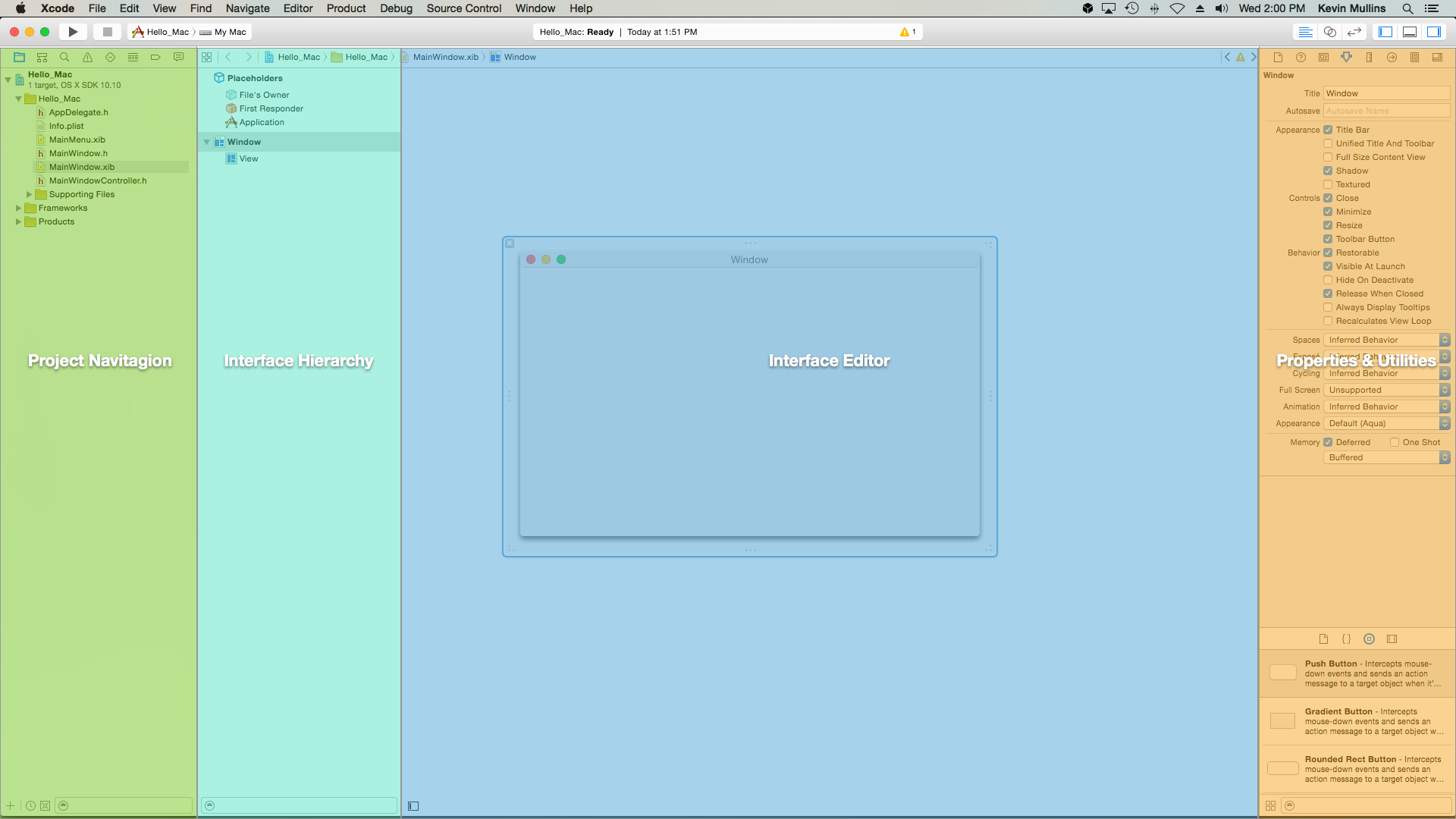 The various sections of Interface Builder in Xcode