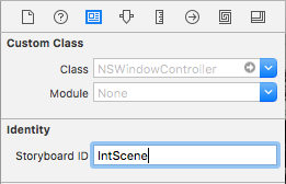 Setting the Storyboard I D to IntScene under Identity.