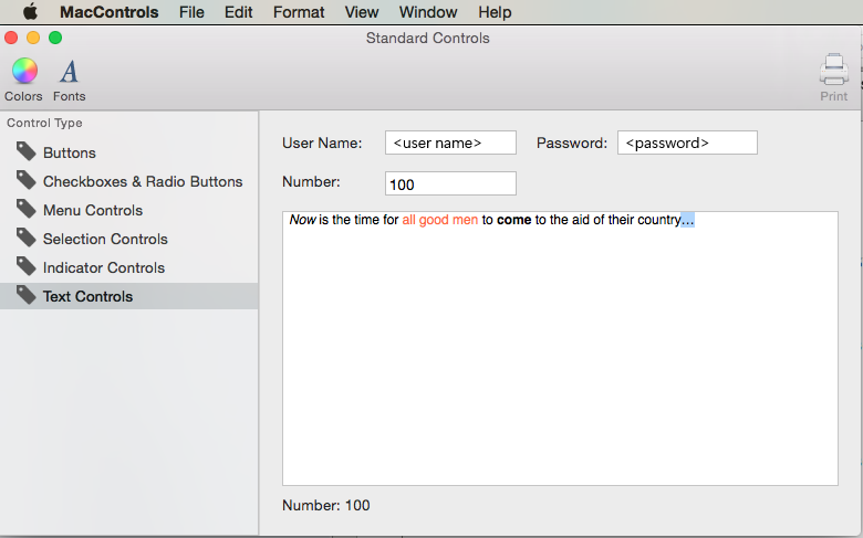 Example text controls