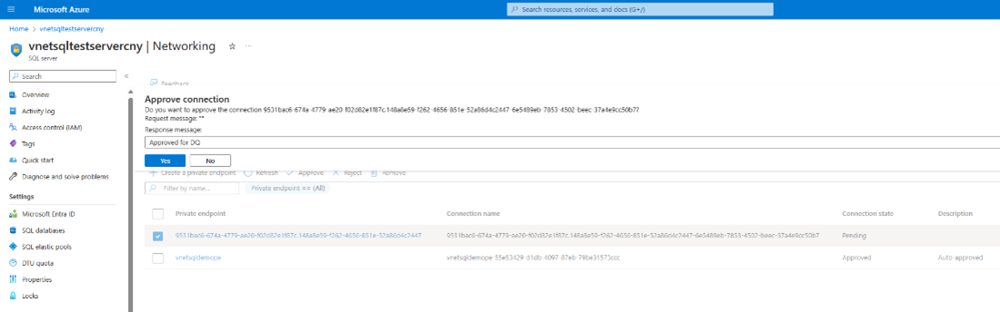 Screenshot of the networking page of a SQL server private access tab with the approval prompt.