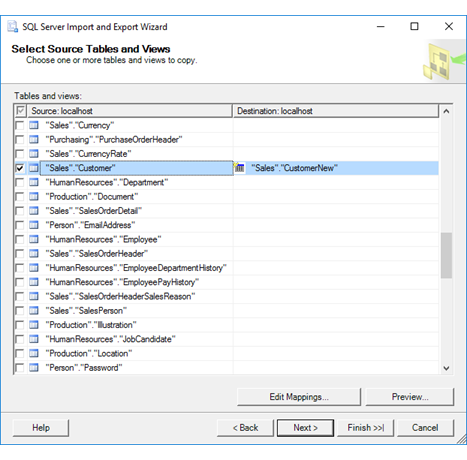 Screenshot showing the Select tables page of the Import and Export Wizard if you're going to copy tables.