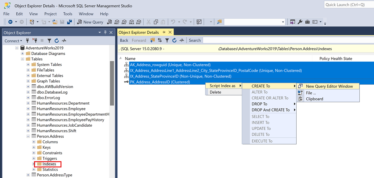 Screenshot of scripting out all indexes on a table using the Object Explorer Details pane in SSMS.