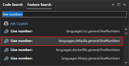 Screenshot that shows how to use the Search feature to configure the default line numbers setting.
