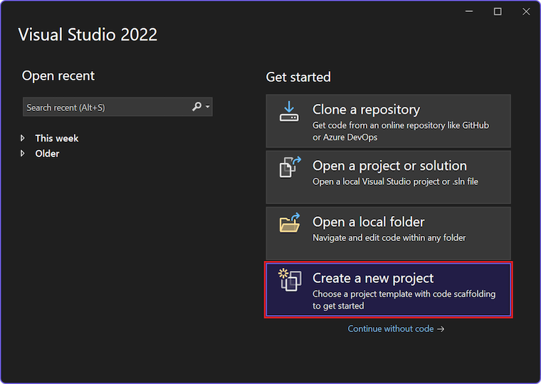 Screenshot showing how to select the 'Create a new project' option.