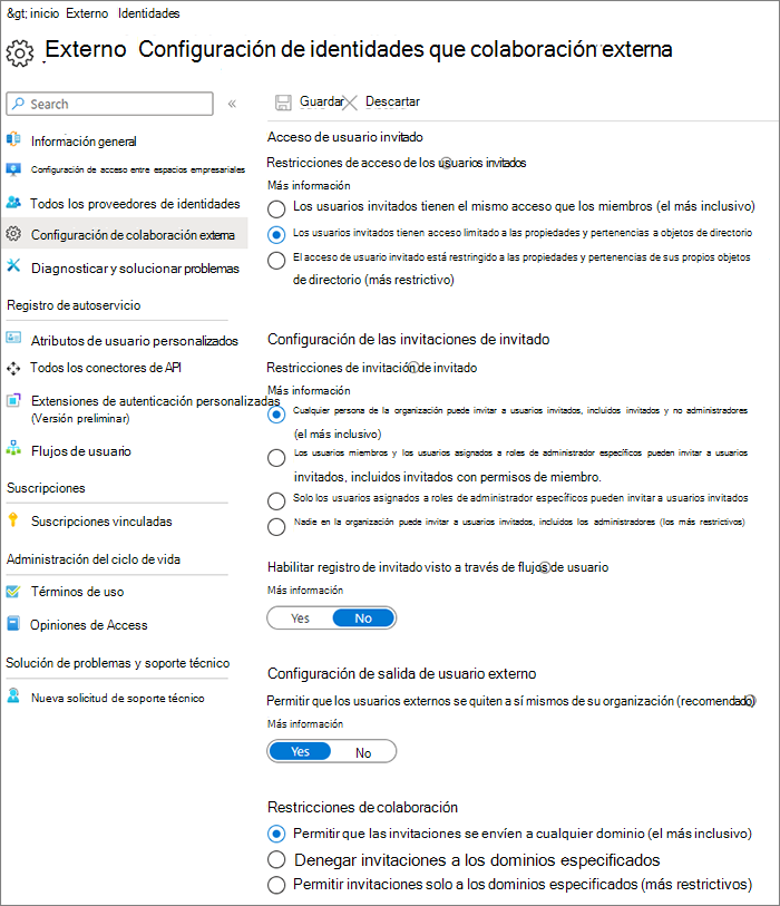 Captura de pantalla de la página de configuración de colaboración externa de Microsoft Entra.