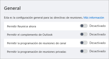 Captura de pantalla de la configuración en el centro de administración de Microsoft Teams.