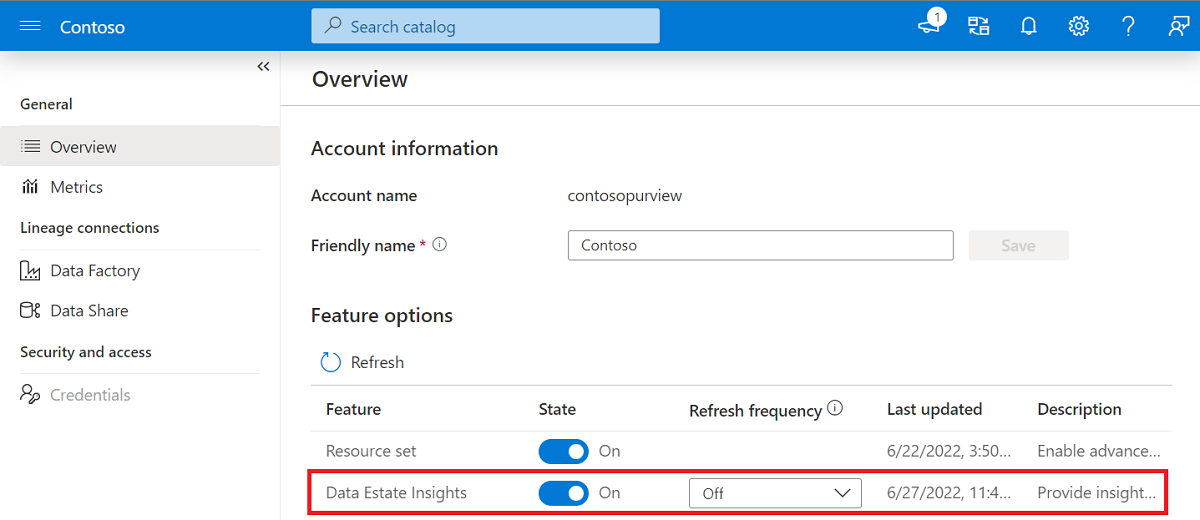 Captura de pantalla de la ventana Información general de la sección Administración del portal de gobernanza de Microsoft Purview. En opciones de características, se resalta la opción data estate insights ( Información del patrimonio de datos).