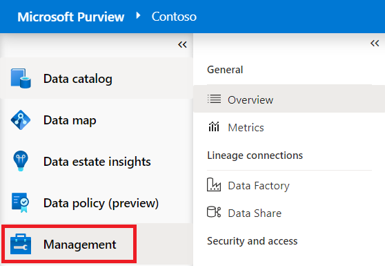 Captura de pantalla del menú izquierdo del portal de gobernanza de Microsoft Purview, con la sección Administración resaltada y la información general seleccionada en el menú siguiente.