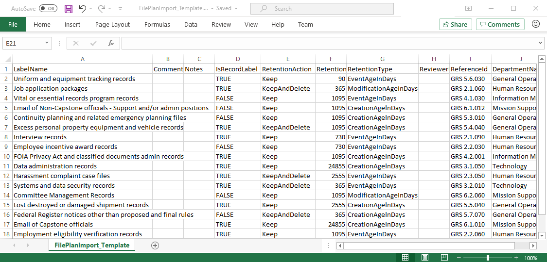 Ejemplo de plantilla de plan de archivo con información rellenada lista para importarse para crear etiquetas de retención.