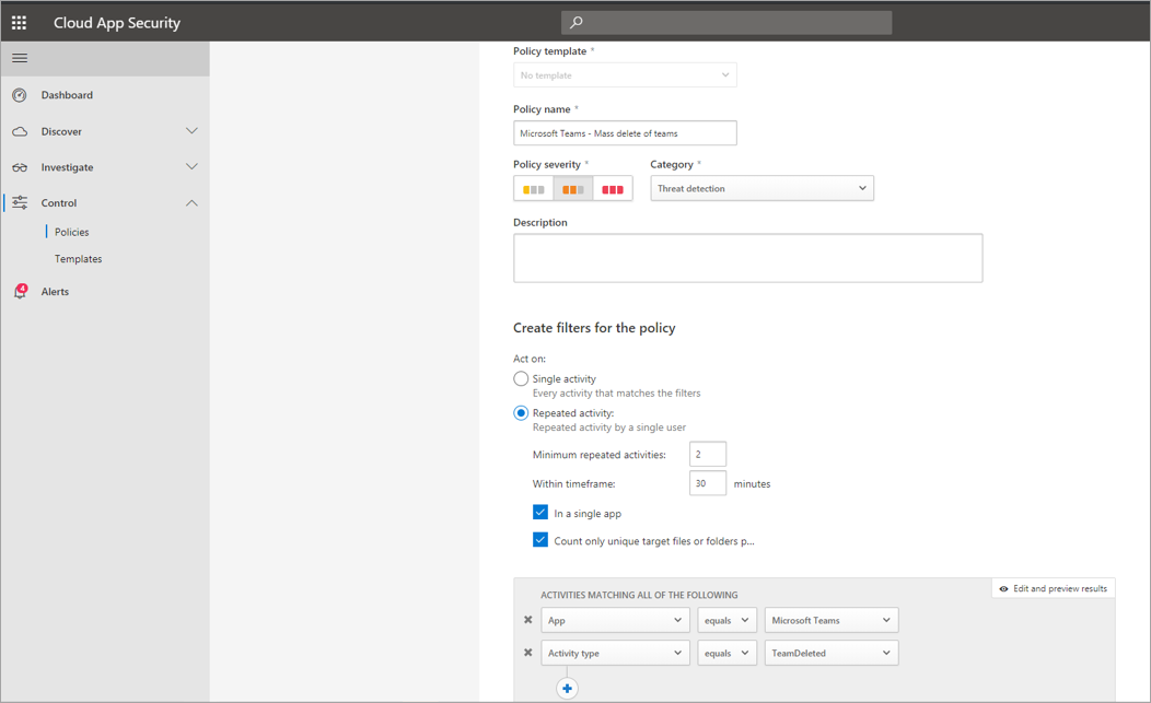 Directiva que muestra la configuración de una directiva para la detección masiva de eliminación de equipos