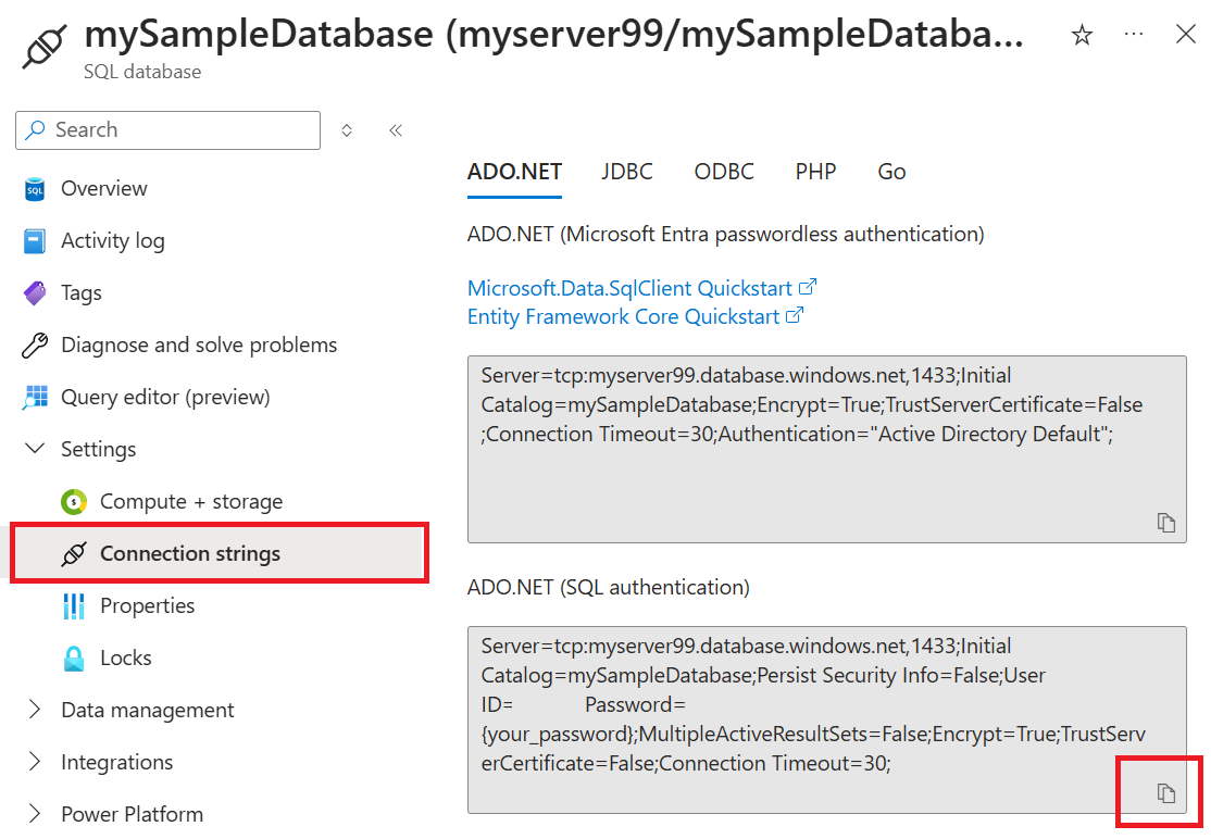 Captura de pantalla de copiar la cadena de conexión de Azure SQL Database en el portal de Azure.