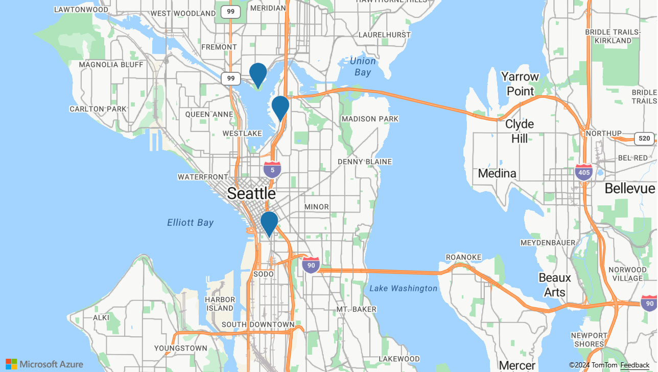 Captura de pantalla del mapa con tres marcas azules.