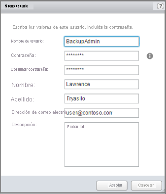 Captura de pantalla que muestra el cuadro de diálogo Nuevo usuario.