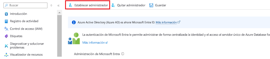 Screenshot showing how to set Active Directory admin.