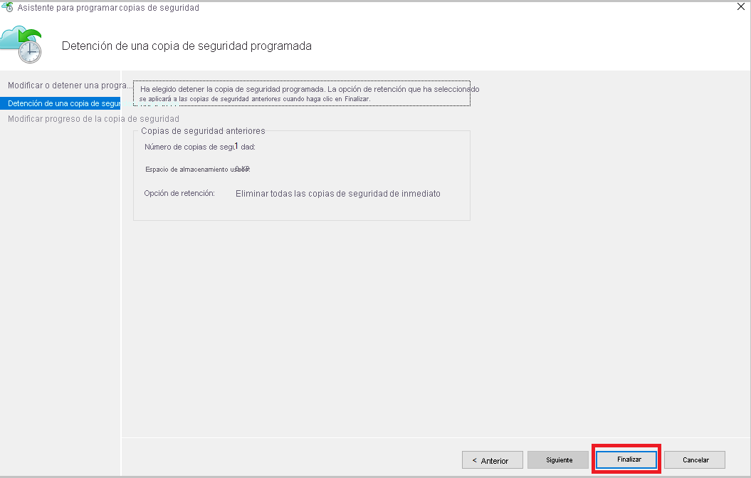 Captura de pantalla que muestra la detención de una copia de seguridad programada.