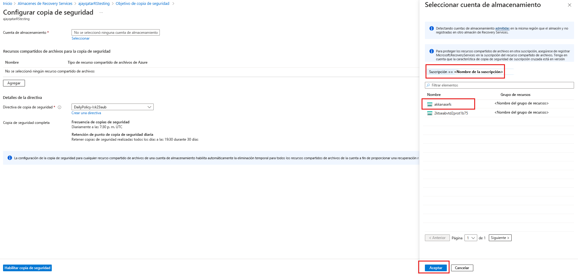 Captura de pantalla en la que se muestra la selección de una de las cuentas de almacenamiento detectadas.