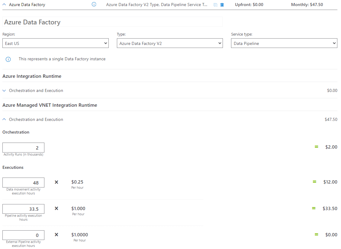 Captura de pantalla de la calculadora de precios configurada para la integración de datos con una VNET administrada.