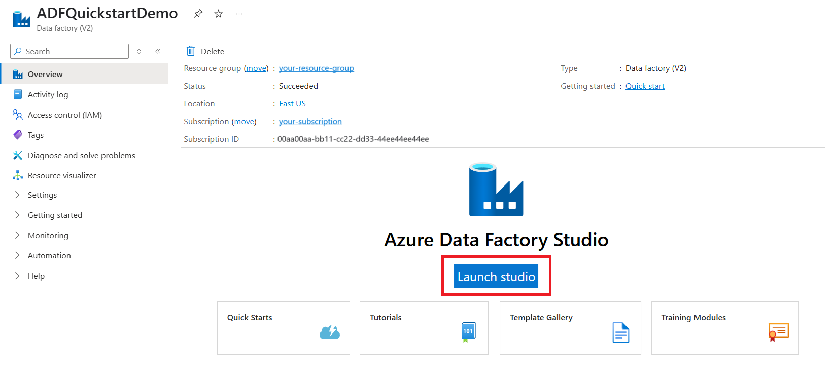 Captura de pantalla de la página principal de una factoría de datos en Azure Portal, con el botón para abrir Azure Data Factory Studio resaltado.