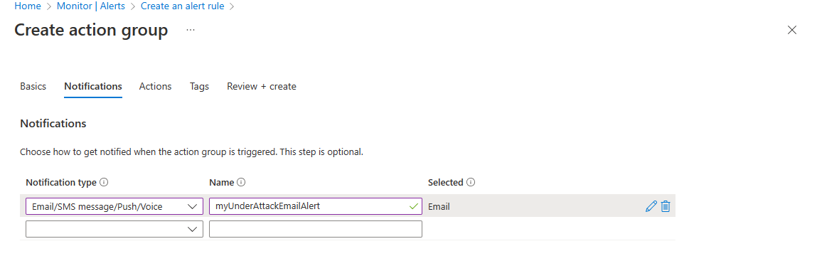 Captura de pantalla de la adición del tipo de notificación de alerta de ataque DDoS Protection.