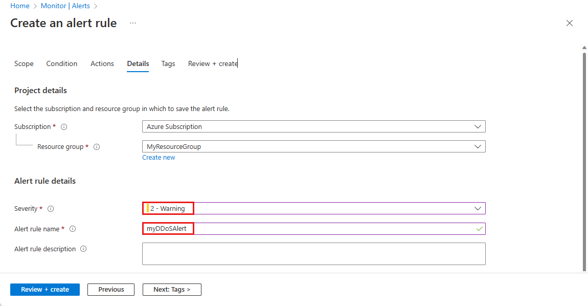 Captura de pantalla de la página de adición de detalles de alerta de ataque de DDoS Protection.