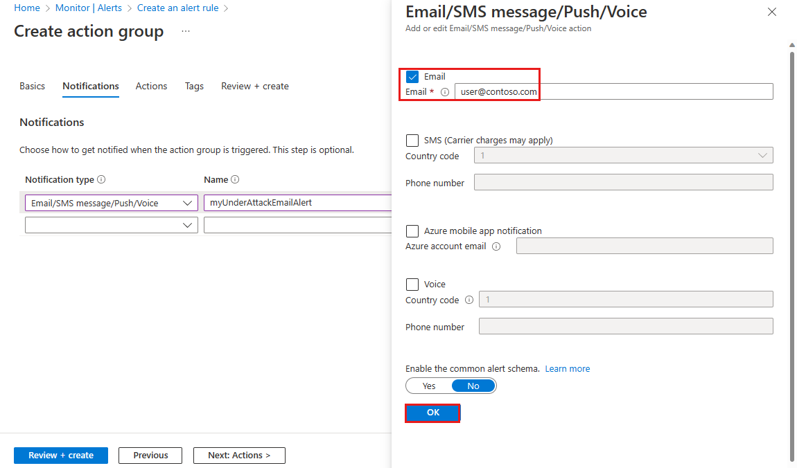 Captura de pantalla de la página de notificación de alerta de ataque de DDoS Protection.