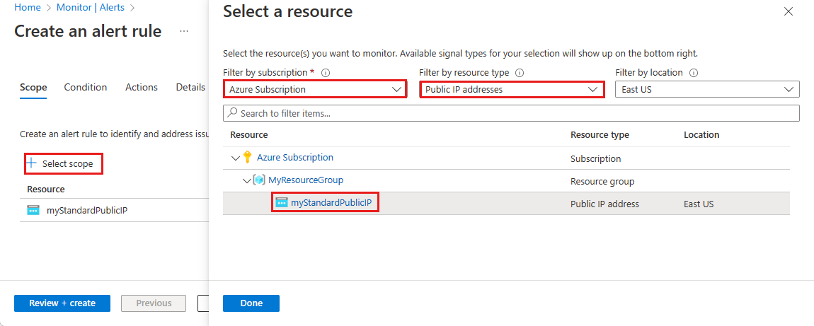 Captura de pantalla de selección del ámbito de alerta de ataque de DDoS Protection.