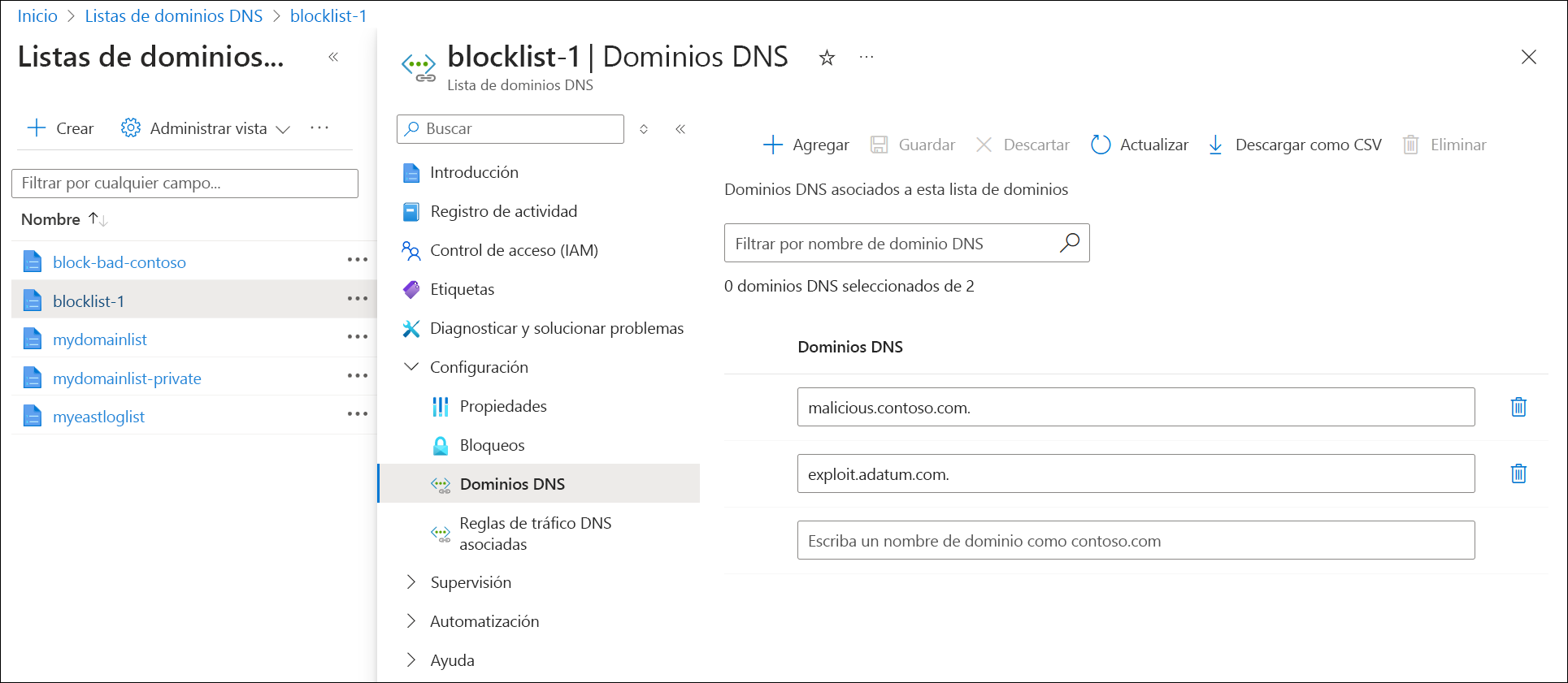 Recorte de pantalla de dominios dentro de una lista de dominios.