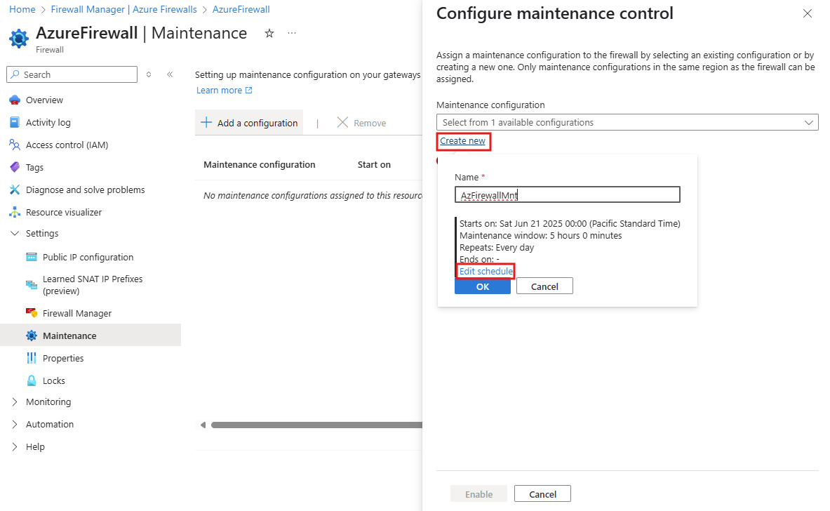 Captura de pantalla que muestra la programación de configuración de mantenimiento en un recurso de Azure Firewall.