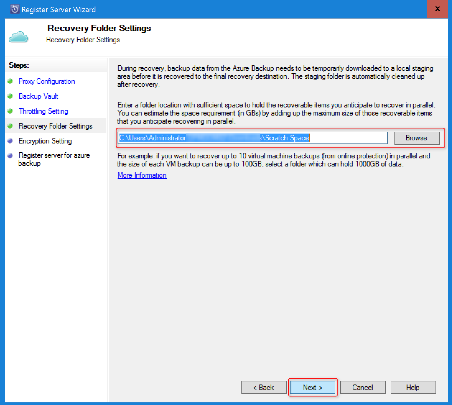 Configuración de carpeta de recuperación