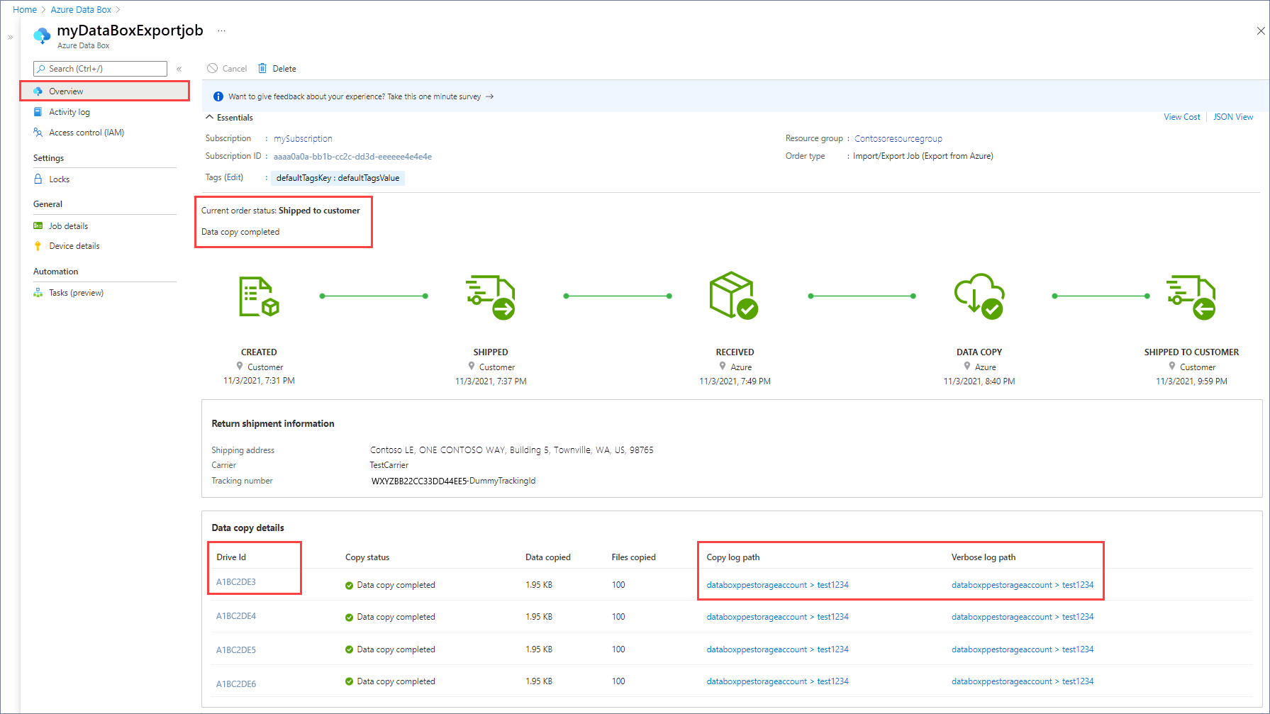 Captura de pantalla de la información general de un trabajo de Import/Export en Azure Portal. Están resaltados el estado del pedido, el estado de la copia de datos y las direcciones URL de registro de una unidad.