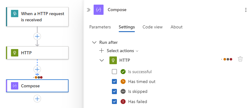 Captura de pantalla que muestra la acción actual y los estados después de seleccionar varias ejecuciones.
