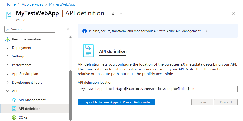 La captura de pantalla muestra el Azure Portal, la página de definición de la API de la aplicación web y la URL del documento Swagger de la API.