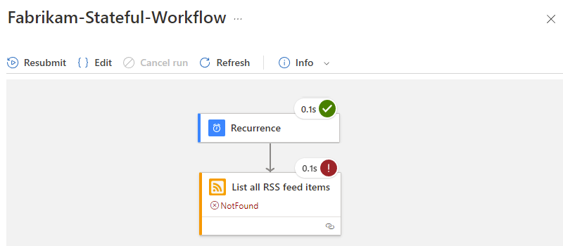 Captura de pantalla que muestra el flujo de trabajo de la aplicación lógica estándar con el paso con errores seleccionado.