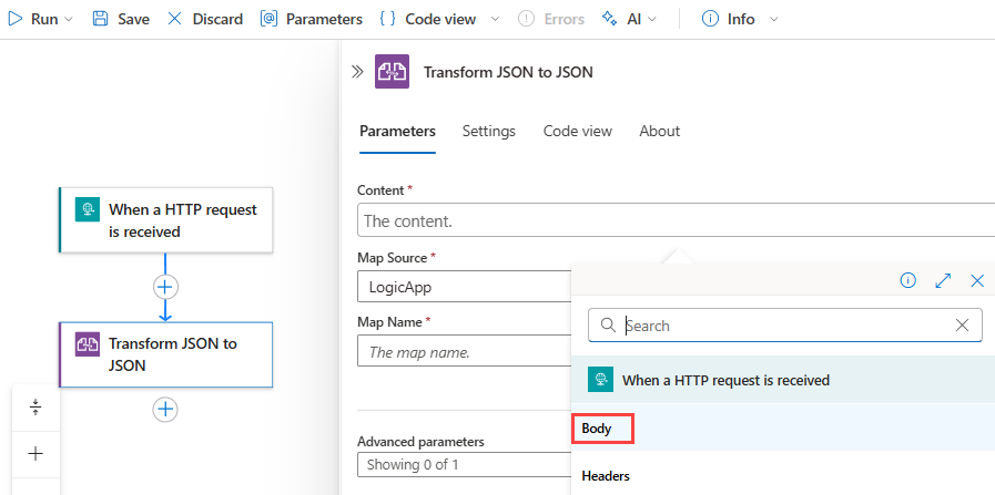 Captura de pantalla que muestra el flujo de trabajo estándar, la propiedad Content de la acción Liquid con la lista de contenido dinámico abierta y el token Body seleccionado.