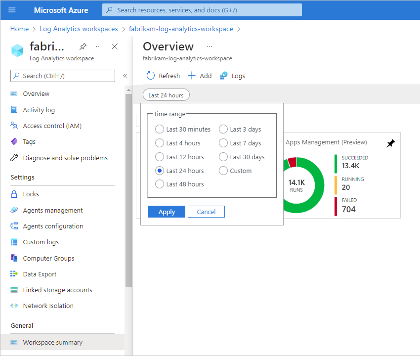 Captura de pantalla que muestra un filtro del lado servidor de ejemplo que cambia la ventana de tiempo.